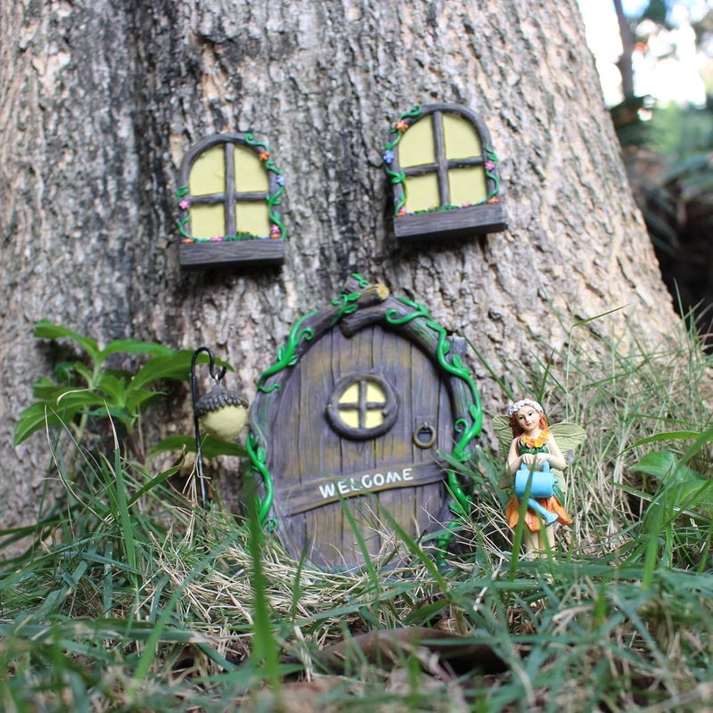 IMOFEE Fairy Door and Windows Garden Kit Accessories Outdoor, Glow in Dark Gnome House for Tree, Lawn Yard Art Sculpture, Miniature Garden Decor (Gnome) - Image 4